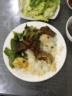 Rice with veggies, tofu and mock meat (comes with soup) at Phuoc Duyen in Da Lat