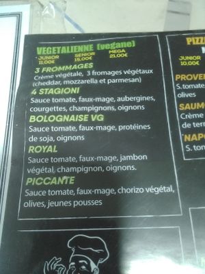 Menu for Vegan pizzas (price for delivery, half cheaper in the restaurant) at ZN Pizza in Lille