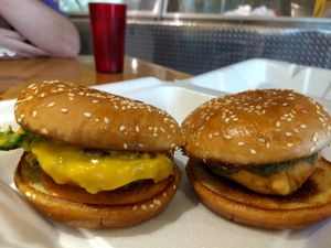 Mean green pea protein & golden potato burgers at Vegorama in Ypsilanti