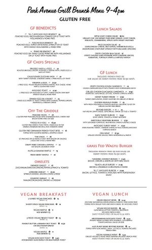 summer 2021 vegan and gluten free brunch menu  at Park Avenue Grill in Amityville