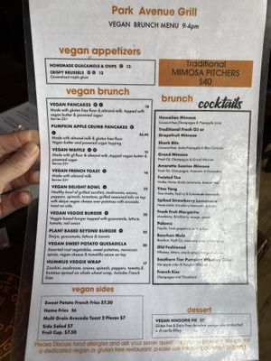 Vegan menu!  at Park Avenue Grill in Amityville