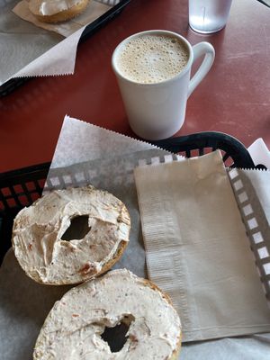 rosemary salt bagel & italian vegan cream cheese + oat latte w/ vanilla syrup (YUM!)  at Bagelry in Bellingham