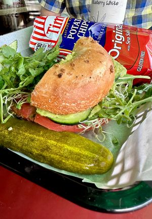 Onion bagel Avocado sandwichh  at Bagelry in Bellingham