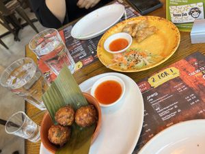 Sweetcorn fritter balls & crispy vegan gyoza (should be 4 of each, already had eaten one of each in the photo!)  at Banana Tree in Oxford