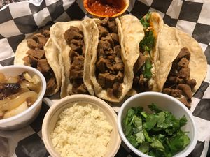 Vegan vistec tacos (ordered to go) at Chile de Arbol Food Truck in Brownsville