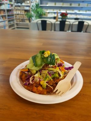 Corn fritter with avo, slaw and pickled greens! at Power Plant Organic Store in Whangarei