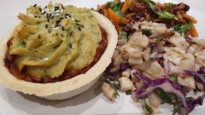 Lentil & Vege pie with daily salads. at Power Plant Organic Store in Whangarei