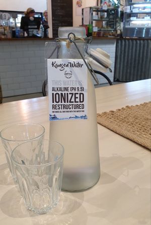 Nice touch with the table water.... at Power Plant Organic Store in Whangarei