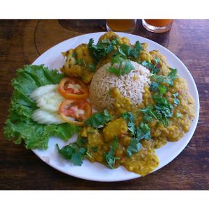 Dahl and brown rice with cauliflower and potatoes! It tastes authentically Indian! at Ethos in Bangkok