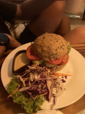 Tempeh burger (doesn’t come with fries)  at Ethos in Bangkok