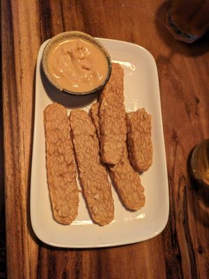 Tempeh appetizer with peanut sauce. Crunchy bliss at Ethos in Bangkok