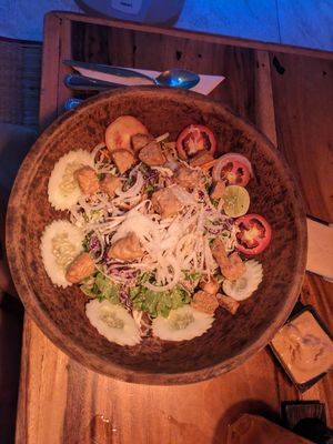 Tempeh and peanut sauce salad. Pure freshness, add the sauces and turn it into naughty delicious freshness at Ethos in Bangkok