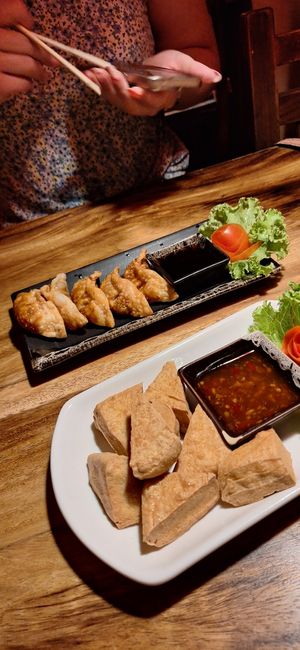 Gyoza and fried tofu at Ethos in Bangkok