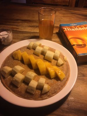 Mango banana vegan pancake.   at Ethos in Bangkok