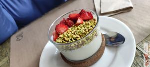 orange flower flan with pistachios and strawberries at La Clairiere in Lille