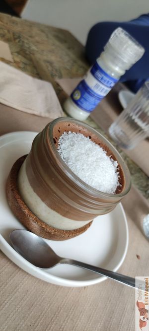 Fabulous chocolate mousse with peanut butter and shredded coconut at La Clairiere in Lille