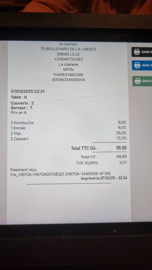 Bill for reference at La Clairiere in Lille