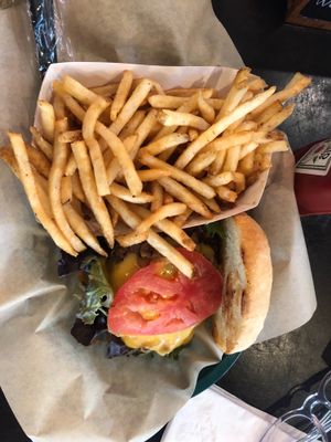 Impossible Burger and fries. Delicious. at Toasted in Orlando