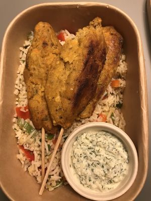 Potatoes and lentil skewers with creole rice at Veggie Galore in Nijmegen