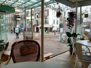 View of the street from inside the cafe at Veggie Galore in Nijmegen