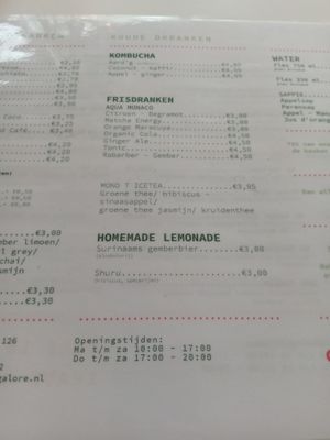 Kombucha, soft drinks and lemonade menu at Veggie Galore in Nijmegen
