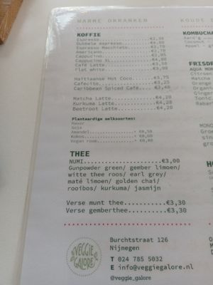 Coffee and tea menu at Veggie Galore in Nijmegen