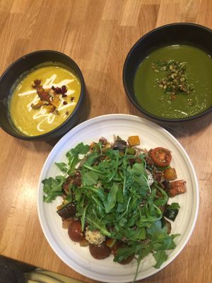 kobocha squash soup, vegan bowl and green soup at Parakeet Cafe in La Jolla