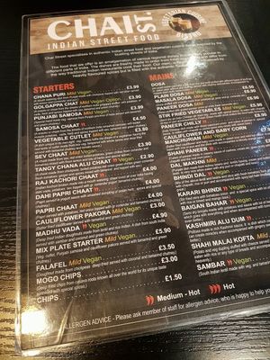 Menu (correct Nov 2017) at Chai Station - Vegetarian Indian in Chester