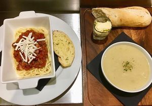 Spaghetti Bolognese / Leek & Potato Soup at Joro Vegan Eatery in Birkenhead