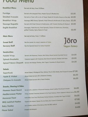 Joro menu 1/9/18 at Joro Vegan Eatery in Birkenhead