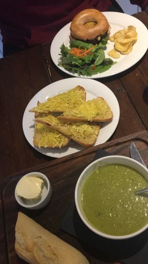 pea and pesto soup, cheesy garlic bread and jackfruit bagel at Joro Vegan Eatery in Birkenhead