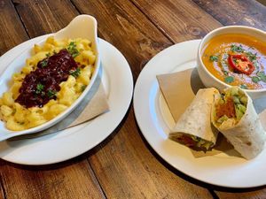 Mac n Cheese topped with BBQ Pulled Jackfruit, and Soup & a Wrap at Joro Vegan Eatery in Birkenhead