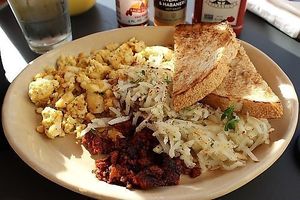 Soyrizo, tofu scramble, hash brown, toast w/no butter. at Snooze in Katy
