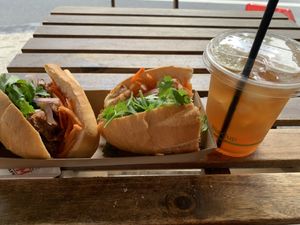Vegan cheesy "chicken" banh mi and peach iced tea at Le Vietnam Cafe in Perth
