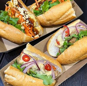 Cheesy vegan chicken and Peking style tofu Bánh Mì  at Le Vietnam Cafe in Perth