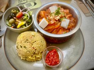 Vegan Moroccan tagine with pumpkin, beef, apricot, taboulé, almond and harissa at Mosquito Coast in Ghent