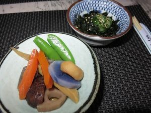 Shiitake, lotus root, sugar snaps, daikon, konjac, wakame, bamboo, water chestnut, truffle potatoe, with seaweed side dish, Amatsu, Ghent at Amatsu in Ghent
