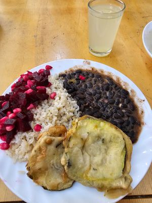 Rice, beetroot and corn salad, beans and fried Zucchini at Ananda - Calle Hermano Miguel in Cuenca