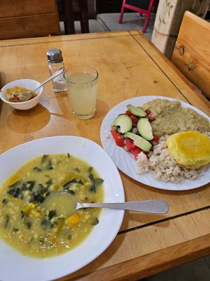 Veggie soup, lentils, salad, rice and potato patty at Ananda - Calle Hermano Miguel in Cuenca