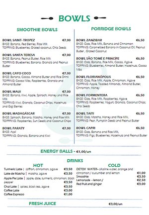 Menu at Bowl Lisboa in Lisbon