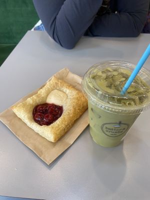 Pineapple matcha latte and cherry cheese Danish  at Batter & Crumbs in Philadelphia