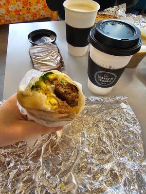 Gluten free breakfast burrito, pumpkin bread, pumpkin spice latte, and banana bread latte. at Batter & Crumbs in Philadelphia