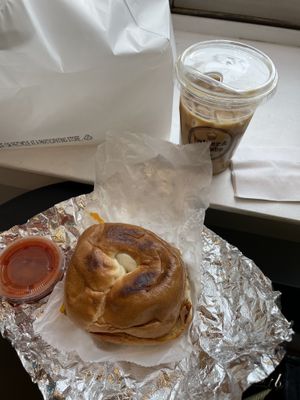 Breakfast bagel sandwich and Pistachio Matcha w/ espresso   at Batter & Crumbs in Philadelphia