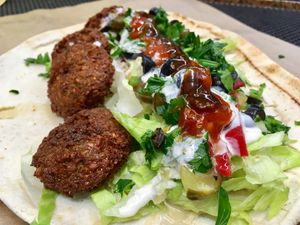 Vegan falafel durum with tahin and chilli dressing at Fiasko in Aalborg