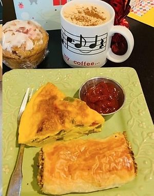 Vegan pigs in a blanket and vegan quiche. ~Veg Lakeshore at Way Cup Cafe in Holland