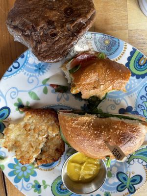 Vegan chocolate chip cookie, Veggie Tale Bagel-wich, hash brown   at Way Cup Cafe in Holland