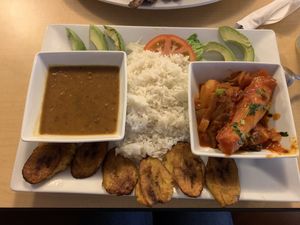 Green Plantain, beans, white rice, stewed yucca at Liliana's Colombian Restaurant & Bakery in Jacksonville