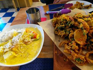 Yellow curry and vast pakora tray at The Red Dot Kitchen in Wurtsboro