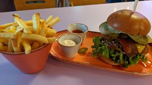 Hot Chirpy Burger + fries at DoppleGanger in Cambridge
