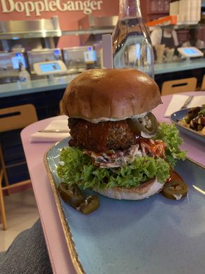 sriracha fake chickn burger  at DoppleGanger in Cambridge